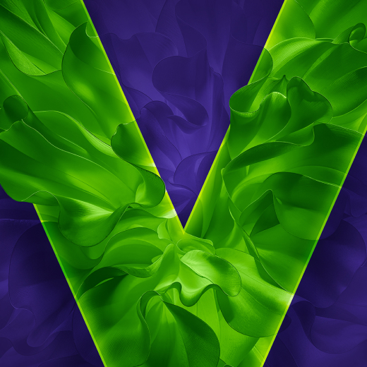 VEEV NOW ULTRA lime green coloured V VEEV logo on a purple background